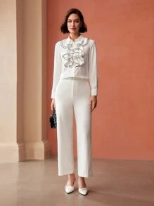 MOTF PREMIUM 纯色斜口袋前缝直筒西装裤（配腰带） - 白色 - 查看 8