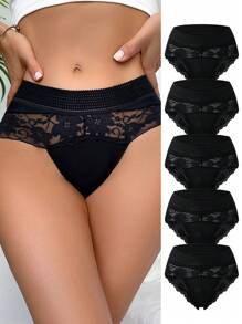 5 pares de bragas de bikini de mujer con parches de encaje de unicolor en estilo simple - Negro - Ver 7