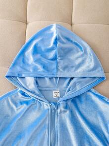 SHEIN 2 件套 Tween 女童优雅休闲百搭拉链长袖夹克和天鹅绒串珠裤套装，适合秋冬季，适合上学、度假和外出 - 藍色 - 查看 8