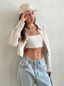 Flirla Zip Up Drop Shoulder Crop Jacket Fall Winter Cloth For Women - Beige - View 5