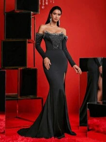 Glamrae Elegant Black One-Shoulder Fishtail Dress,Luxury Hot Diamond Handmade Pearl Long Sleeve Prom Gown For Wedding Guest,Graduation & Heavy Industry Dinner - Black - View 4