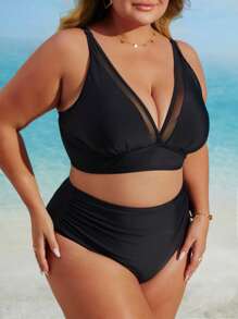 Plus Size V-Neck Solid Color Mesh Splice Tankini Bikini Set Set, Summer Beach