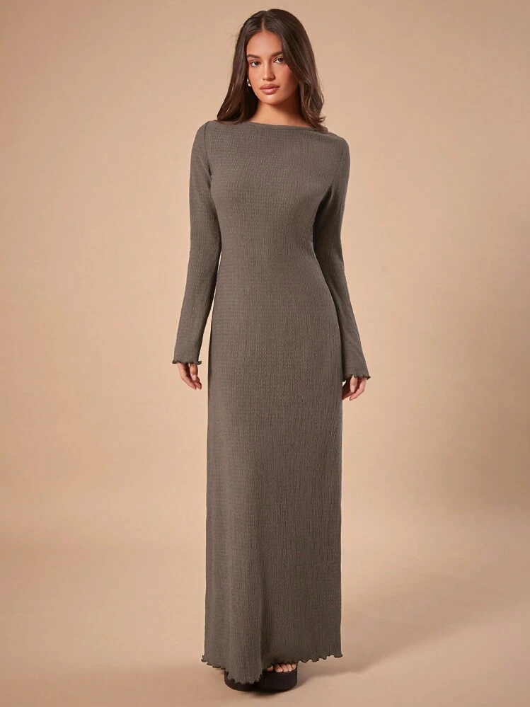 SHEIN Forever 21 1 pc נשים מקרית צבע אחיד אלגנטית שמלת שרוול פעמון, סתיו - חום קפה - ראה 5