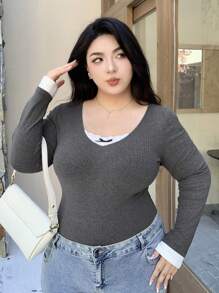 Dazy Plus Plus Size Contrast Color Lace Bow Decor V-Neck Slim Fit Tee Shirt, Suitable For Spring, Summer, Autumn, Back To School Clothes Long Sleeve Women Tops,Fall Women Clothes