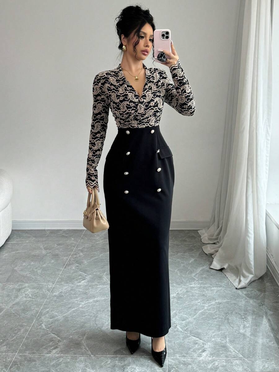 Modelyn Đầm midi dáng ôm bó sát cổ chữ thập màu đen tương phản thanh lịch dành cho nữ, tay dài, cài nút phía trước, xẻ tà viền, thu/đông - màu đen - Xem 1