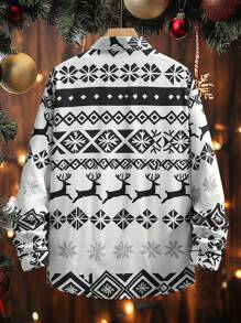 Manfinity Homme Weihnachten Rentier Muster Herren Große Größen Lässig Knopfhemd mit Kragen, Langarm, Herbst/Winter, Party