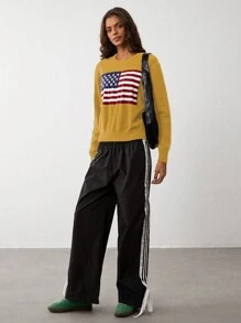 Flirla Women's Casual Crew Neck American Flag Print Long Sleeve Pullover Sweater Knit Pullover Fall Winter - Yellow - View 6