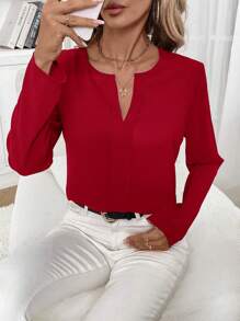 SHEIN Clasi Women's Solid Notched Neck White Blouse - Red - View 6