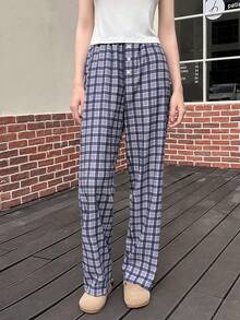SHEIN EZwear Women's Fall Loose Fit Regular Length Plaid Pants, Autumn - Blue - View 2