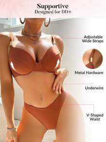 Swim DD+ Wide Strap Reinforced Metal Clasp Bikini Set Summer - Brown - View 3