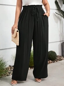 SHEIN LUNE Plus Paperbag Waist Wide Leg Trousers - Black - View 6