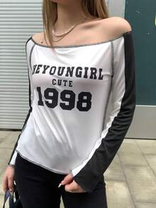 INAWLY Women Casual Contrast Color Patchwork Letter Print Asymmetrical Collar T-Shirt, Autumn - Black and White - View 3