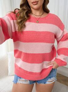 SHEIN EZwear 大码休闲简约撞色针织毛衣，秋冬季 - 彩色 - 查看 5