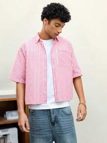 Manfinity VCAY Áo sơ mi nam tay ngắn dệt kẻ sọc giản dị rộng rãi - Hồng - Xem 6