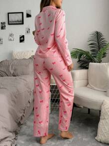 SweetSlumber Bow Stripe Print Front Button Long Sleeve Top And Pants Women Pajama Sets Cozy And Elegant Details, Fall Clothes - Red - View 2