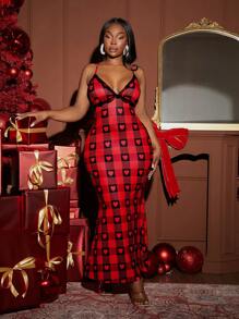 SHEIN SXY Conjunto de 2 piezas para mujer de talla grande: blusa de punto con encaje en contraste de cuadros rojos y negros con estampado de corazones, adecuada para otoño e invierno, fiesta de Nochebuena, cita, cumpleaños, despedida de soltera, look casual y bonito, fácil de combinar, resalta la figura