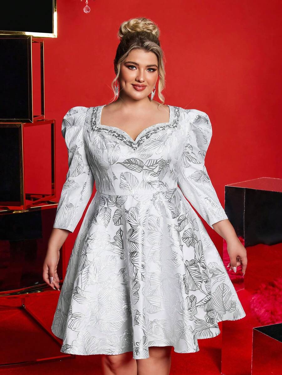 SHEIN Belle Plus Size Silver Satin Jacquard Sweetheart Neckline Puff ...