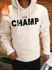 Manfinity Homme Men Plus Size Letter Patch Fleece Hooded Long Sleeve Sweatshirt