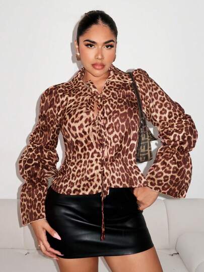 Zolique Women's Autumn Fashionable Leopard Print Tie Up Blouse Fall Cloth For Women