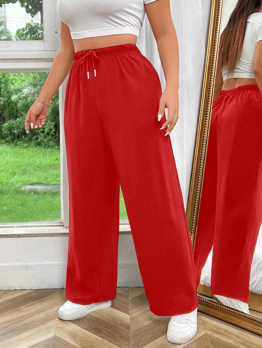 Flirla Plus Size Solid Color Drawstring Tie Waist Casual Loose Wide Leg Pants For New Year Clothes Fall Cloth For Women - Red - View 1