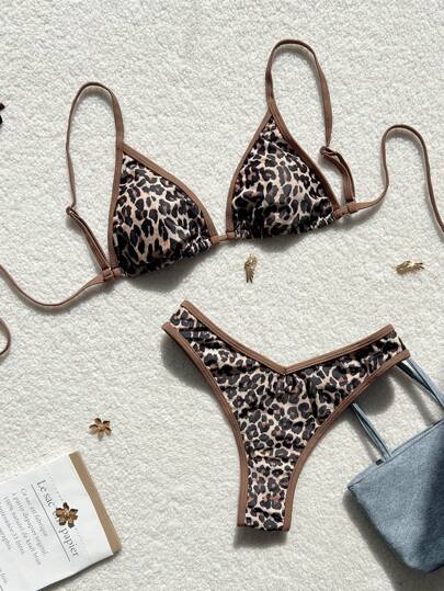 Swim Vcay 2 Piezas de Traje de Baño: Top Halter de Estampado Aleatorio con Tirantes de Espagueti y Bottom Anudada a los Lados, para Verano