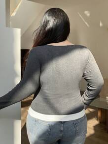 Dazy Plus Plus Size Contrast Color Lace Bow Decor V-Neck Slim Fit Tee Shirt, Suitable For Spring, Summer, Autumn, Back To School Clothes Long Sleeve Women Tops,Fall Women Clothes