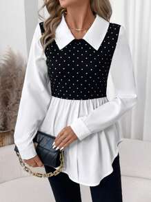SHEIN Clasi Women Elegant Retro Black & White Polka Dot Splicing Color Block Shirt Collar Long Sleeve Top