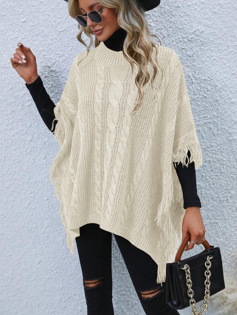 SHEIN LUNE Women Casual Street Style Solid Color Fringe Trim Batwing Cable Knit Pullover Sweater Knit Pullover Fall Winter - Apricot - View 1