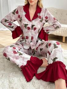 CottageSlumber Conjunto de ropa de dormir para mujer con estampado floral, cuello con volantes y bloque de color, para la temporada de vacaciones, otoño e invierno - Burdeos - Ver 4