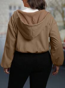 Calvaya Plus Size Solid Color Thermal Lined Hooded Zip Up Casual Long Sleeve Jacket - Khaki - View 2