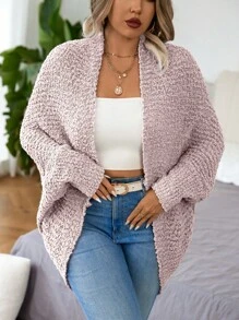 Calvaya 大码纯色休闲百搭针织开衫，适合冬季 - 粉色 - 查看 1