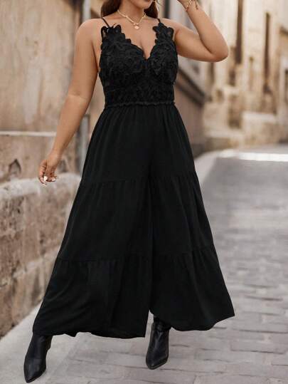 SHEIN VCAY 大码绿色细肩带蕾丝菠萝图案拼接腰部分层阔腿连体裤，系带，秋季休闲度假装