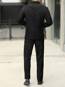 Manfinity Mode 1set Men's Front Button Flat Collar Long Sleeve Striped Minimalist Shirt And Pants Suit - Black - View 2