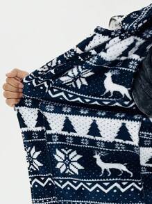 Manfinity VCAY Chaqueta suelta de punto con estampado para hombre, adecuada para otoño/invierno, chaqueta abrigada de fiesta de color azul oscuro con gráficos de manga larga casual de bloques de color, regalo para amigos, esposo, novio