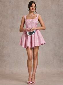 SHEIN BAE 女士蝴蝶结装饰提花露背粉色毕业派对蓬松连衣裙，女士淡色连衣裙 - 粉色 - 查看 3