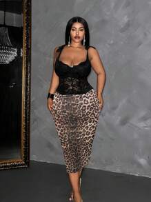 Maweii Plus Size Summer Sexy Lace Panel Leopard Print Split Slip Dress