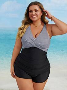 Swim Lushoire Plus Size Summer Beach Striped Print Cross Back Tank Top & Pocket Decoration Boardshorts Two-Piece Tankini Set - Black and White - View 6