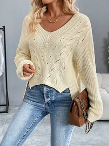 Chiquease Plain Color Dropped Shoulder Loose Knit Sweater, Casual Autumn/Winter Knit Pullover Fall - White - View 4