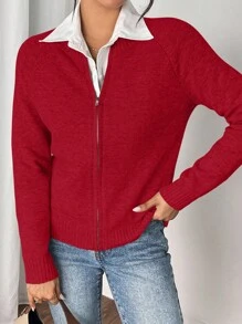 SHEIN Unity Cárdigan con cierre de cremallera de manga raglán de unicolor para mujer, informal para otoño/invierno - Rojo - Ver 5