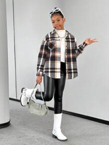 SHEIN 青少年女孩休闲编织格子长袖纽扣衬衫夹克 - 藏蓝色 - 查看 4