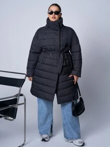 SHEIN EZwear Plus Size Mid-Length Plain Color Belted Long Sleeve Padded Coat, Autumn/Winter - Grey - View 6