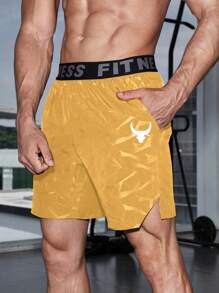 Manfinity Sport Streetwear Quần short thể thao có túi băng chữ thường ngày phong cách bạn trai dành cho nam, mùa hè - Màu vàng - Xem 1