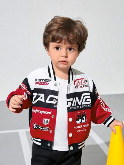 Baby Boy/Girl Casual Cool Letter & Number Graphic Open Front Long Sleeve Knit Bomber Jacket, Thick For Fall/Winter Indoor & Outdoor Wear