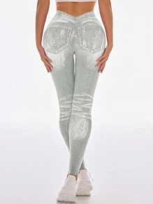 Gameset SHEIN Sport 女士时尚高腰紧身瑜伽紧身裤 - 淺灰色 - 查看 7