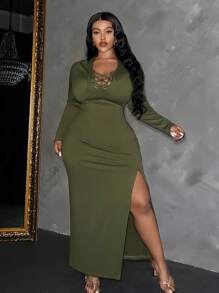 Slaydiva Elegant & Casual Basic Tight-Fitted Solid Color V-Neck Tie Knot Hem High-Slit Long Sleeve Dress, Plus Size Women, Spring/Autumn - Army Green - View 5