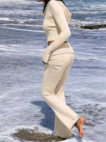 INAWLY 2 件套女士纯色前拉链长袖连帽衫和长裤，休闲