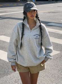 SHEIN EZwear Moletom Folgado de Gola Alta com Zíper e Estampa Gráfica de Texto em Inglês e Floral, Forro Térmico para Outono/Inverno - Cinza - Visão 6