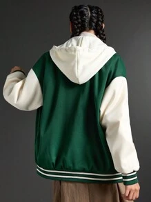 SHEIN 拼色前扣连帽口袋长袖运动夹克 - 綠色 - 查看 6