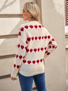 SHEIN Maternity Knitted Heart Pattern Long Sleeve Sweater, Autumn/Winter - Apricot - View 2