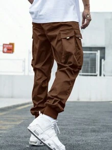 Manfinity EMRG 1pc Men Loose Letter Graphic Flap Pocket Drawstring Waist Cargo Pants - Rust Brown - View 2